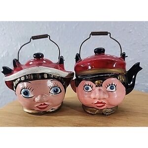 Vintage Redware Japan Dutch Boy and Girl‎ Teapot Salt and Pepper Shaker Pair